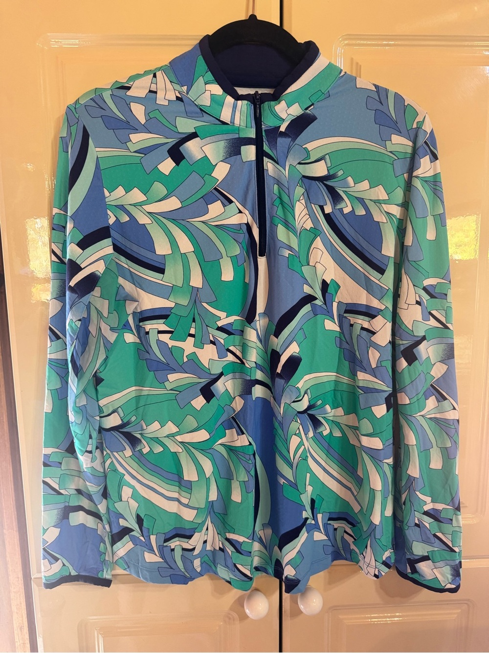 Zip Mock Neck Printed Long-Sleeve Top - Blue & Green
